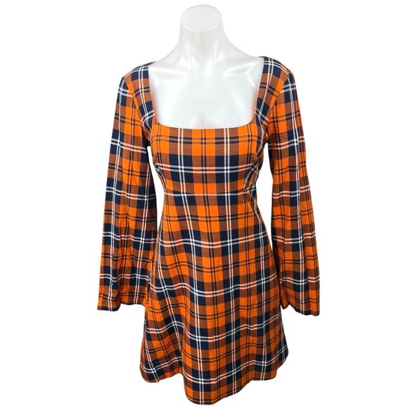 STAUD Orange Multicolor Plaid Square Neck Bell Sleeve Mini Fit & Flare Dress 10 - Picture 1 of 5
